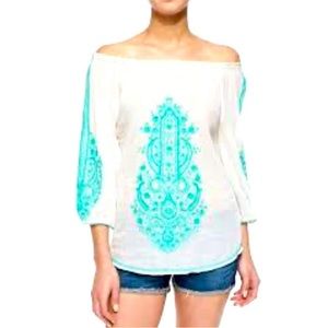 Anthro Christophe Sauvat Off the Shoulder Peasant Top Embroidered Aqua Teal sz S